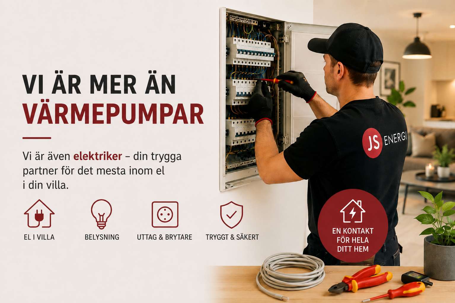 JS Energi elektriker arbetar med elcentral i villa — behörig elektriker för el i villa, belysning, uttag och brytare.